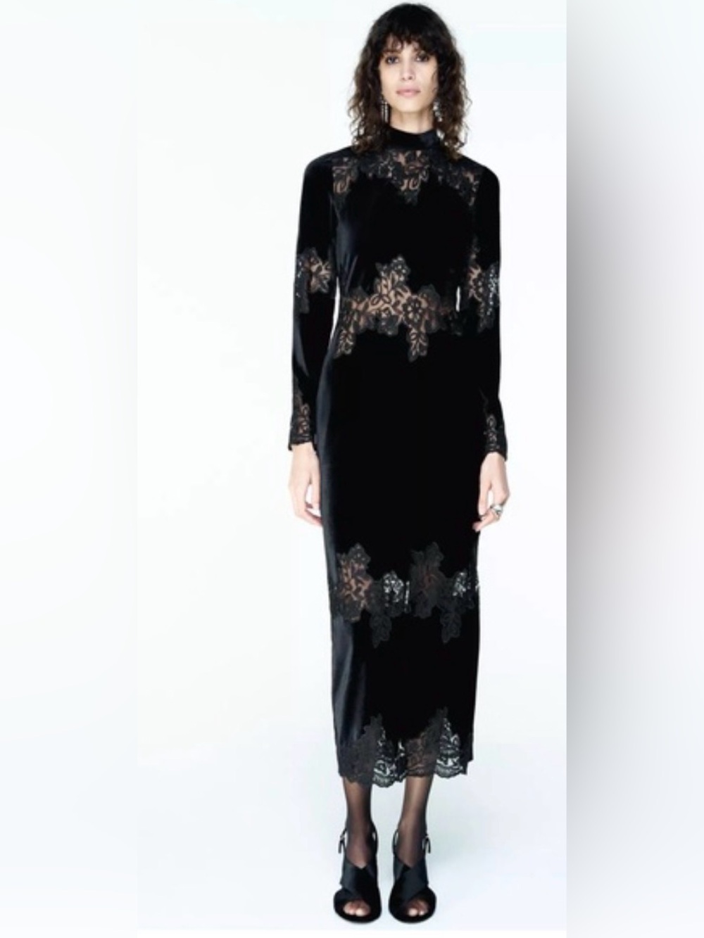 Zara Black Velvet Floral Lace Midi Dress Medium BNWOT Elegant Evening